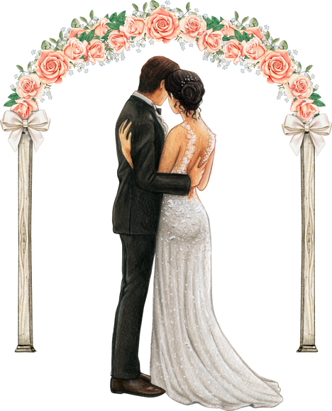 Wedding couple embracing under wedding arch